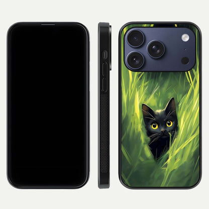 Hidden Cat Whisper Glass Case for iPhone 17 Pro front and back view layout highlighting minimalist art and curved edges
