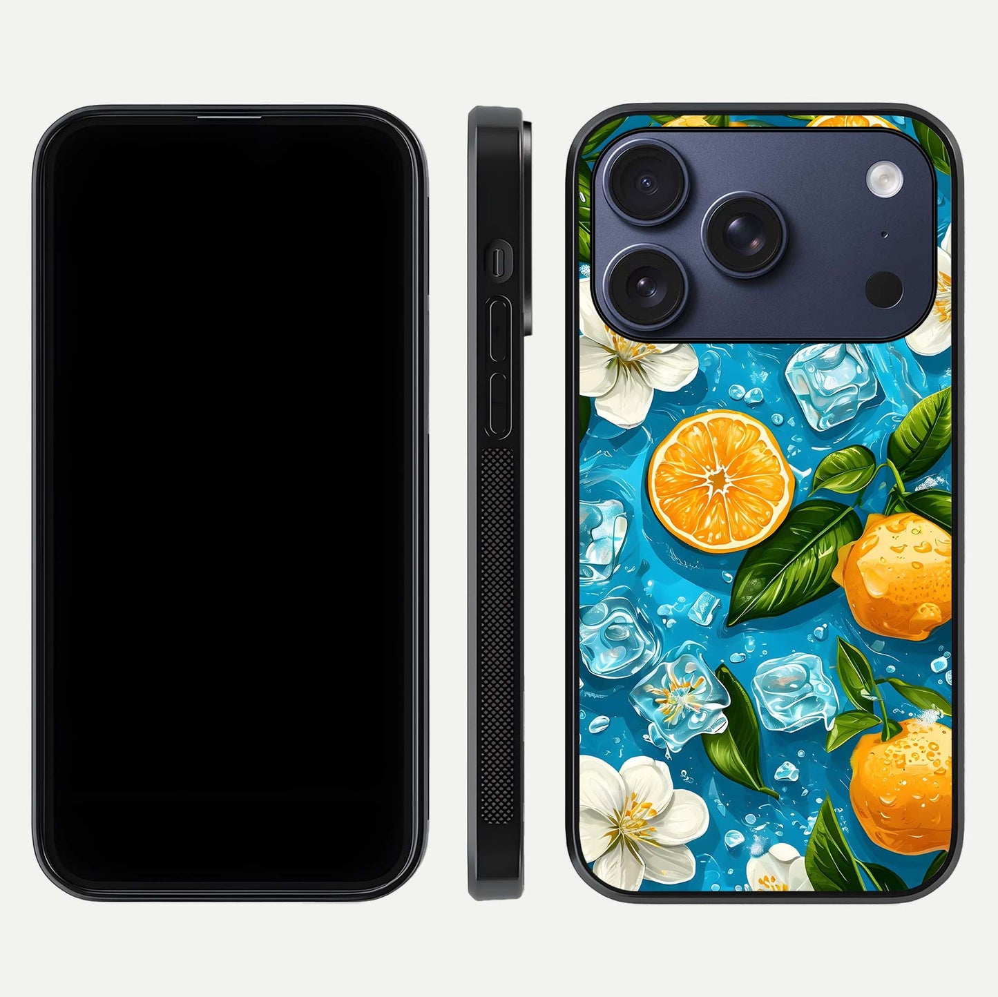 Ice Cube With Orange Glass Case for iPhone 17 Pro front and back view layout highlighting fresh orange tones and curved edges