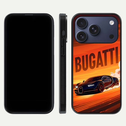 Inferno Bugatti Storm Glass Case for iPhone 17 Pro front and back view layout highlighting car silhouette and curved glass edge