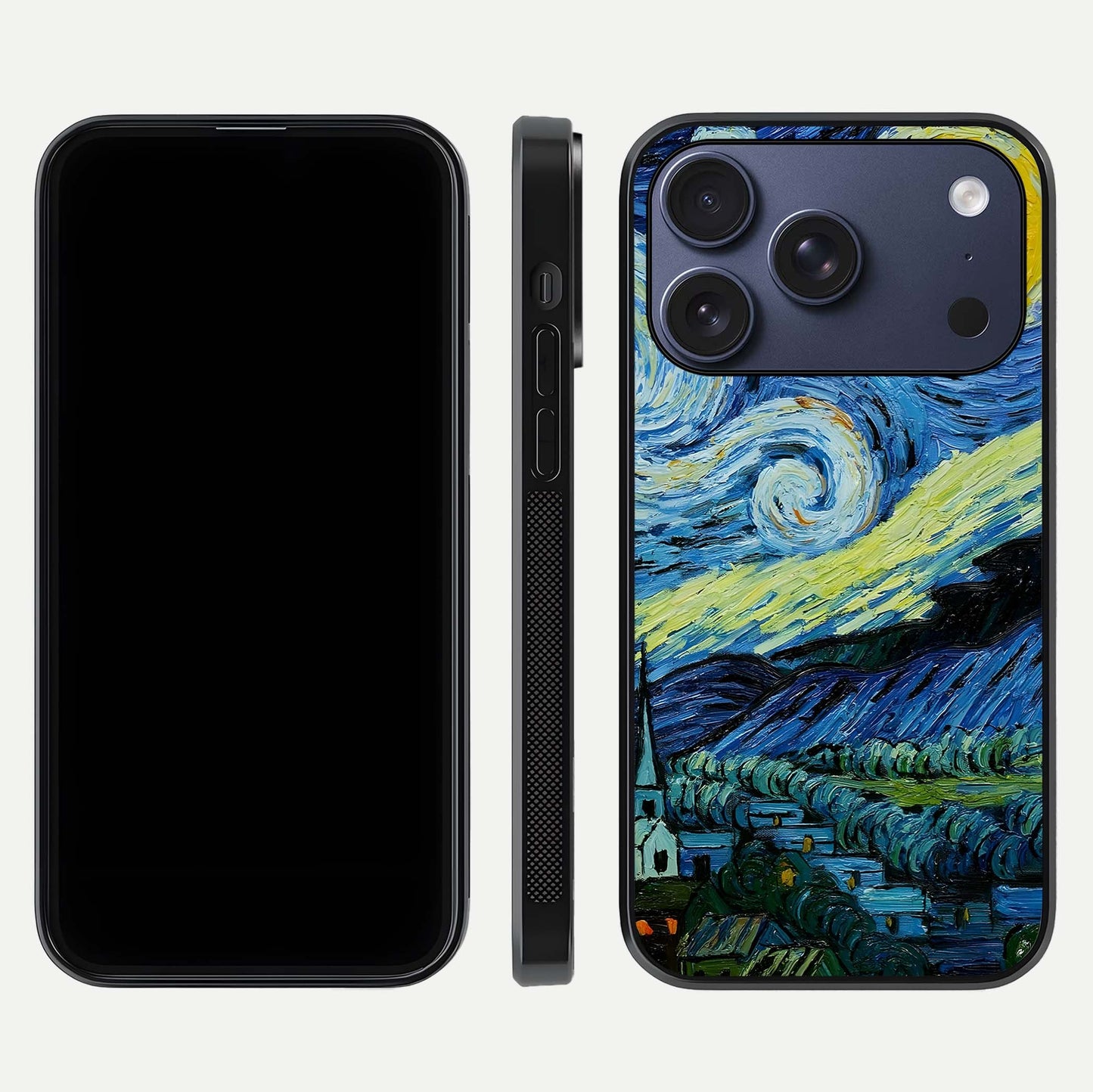 Inspired Van Gogh Art Glass Case for iPhone 17 Pro front and back view layout displaying vivid color tones and curved glass edges