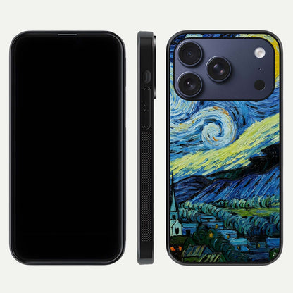 Inspired Van Gogh Art Glass Case for iPhone 17 Pro front and back view layout displaying vivid color tones and curved glass edges