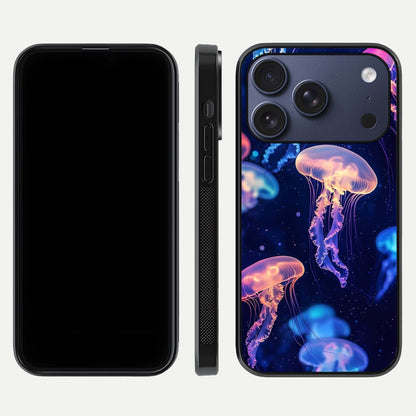 Jellyfish Pattern Glass Case for iPhone 17 Pro front and back view layout highlighting aquatic tones and curved edges