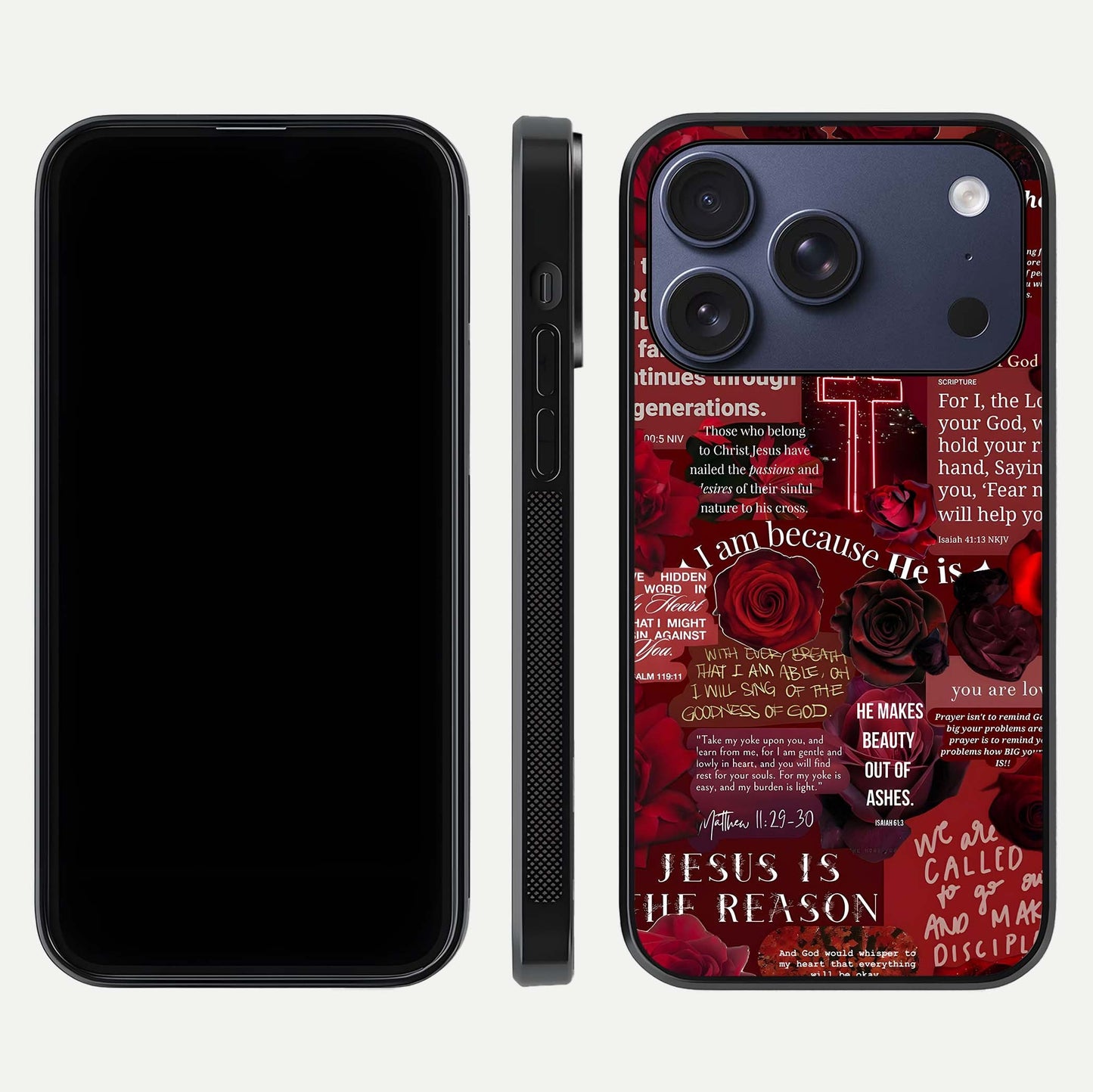 Jesus Love Heals Glass Case for iPhone 17 Pro front and back view layout with elegant typography and smooth edges