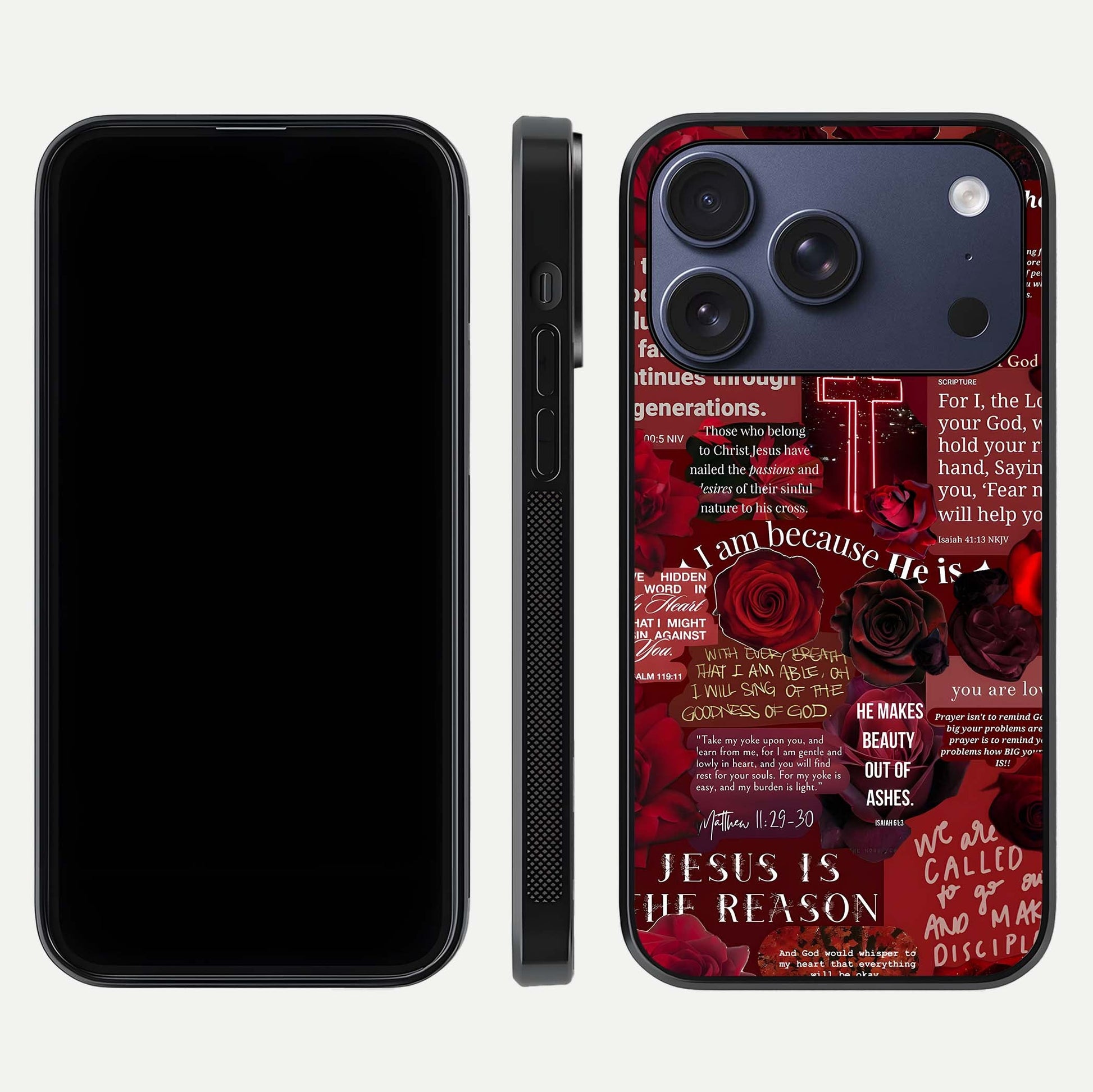 Jesus Love Heals Glass Case for iPhone 17 Pro front and back view layout with elegant typography and smooth edges