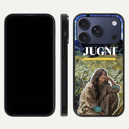 Jugni Soul Vibes Glass Case for iPhone 17 Pro front and back view layout highlighting desi art and curved glass edges