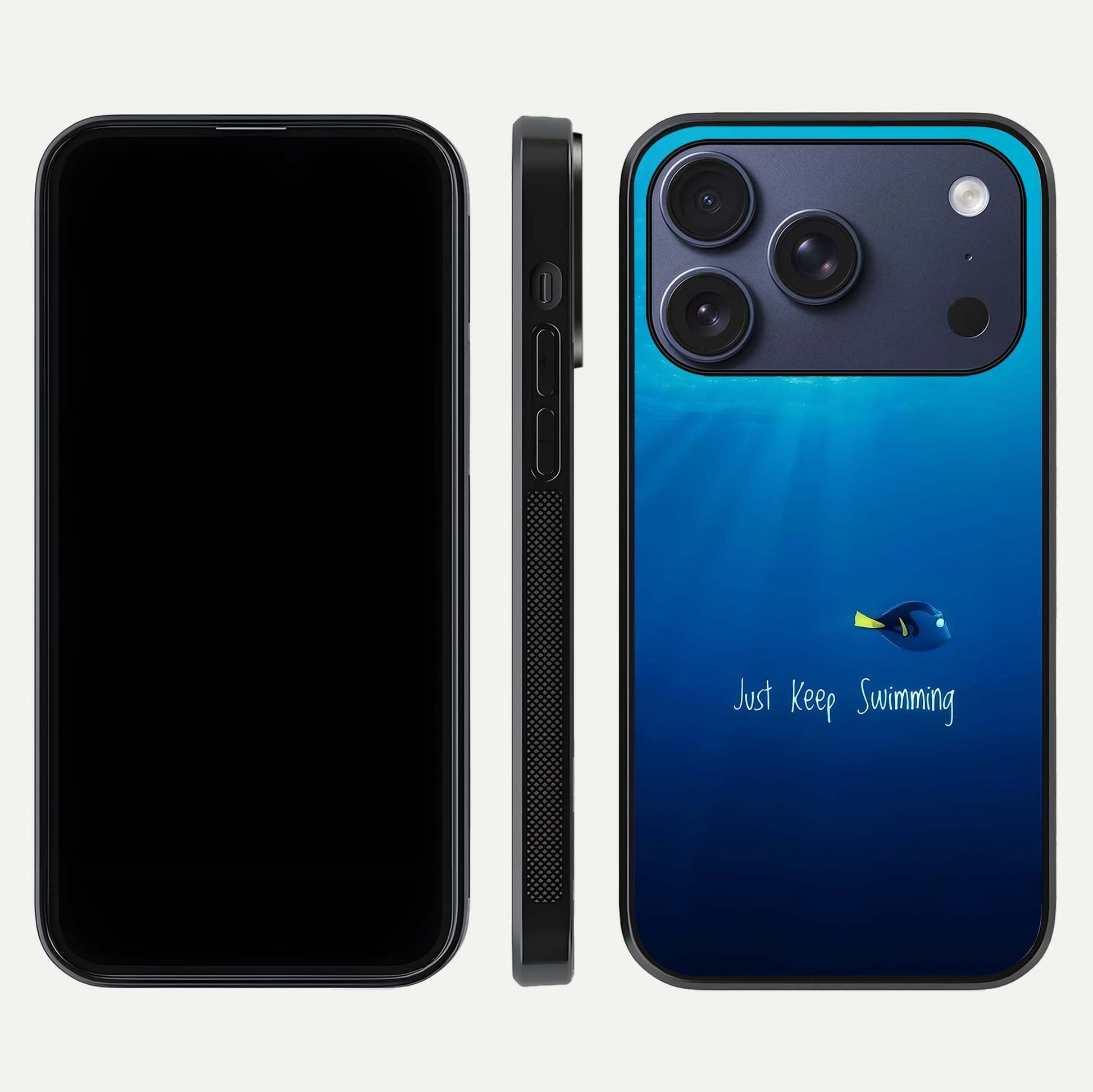 Just Keep Swimming Glass Case for iPhone 17 Pro front and back view layout with smooth glass edges and HD text clarity