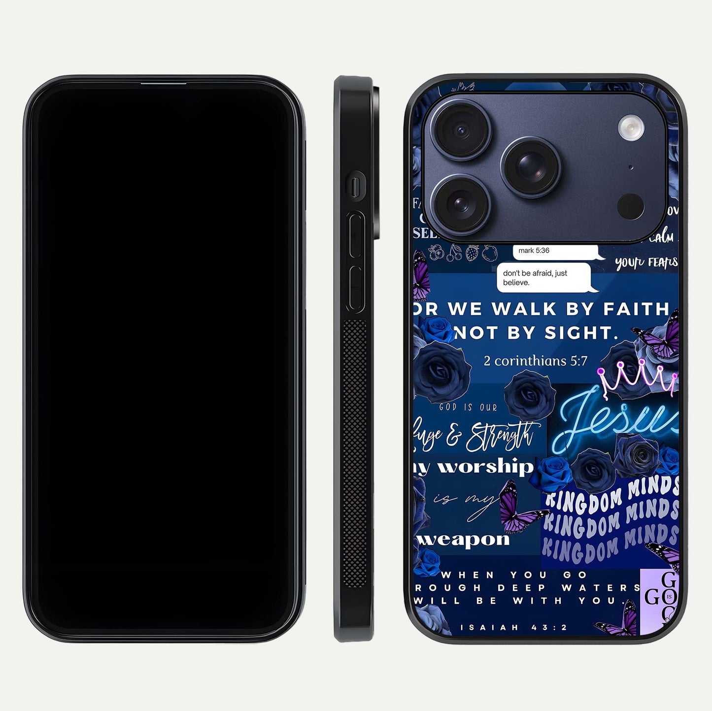 Kingdom Faith Glow Glass Case for iPhone 17 Pro front and back view layout highlighting radiant spiritual design