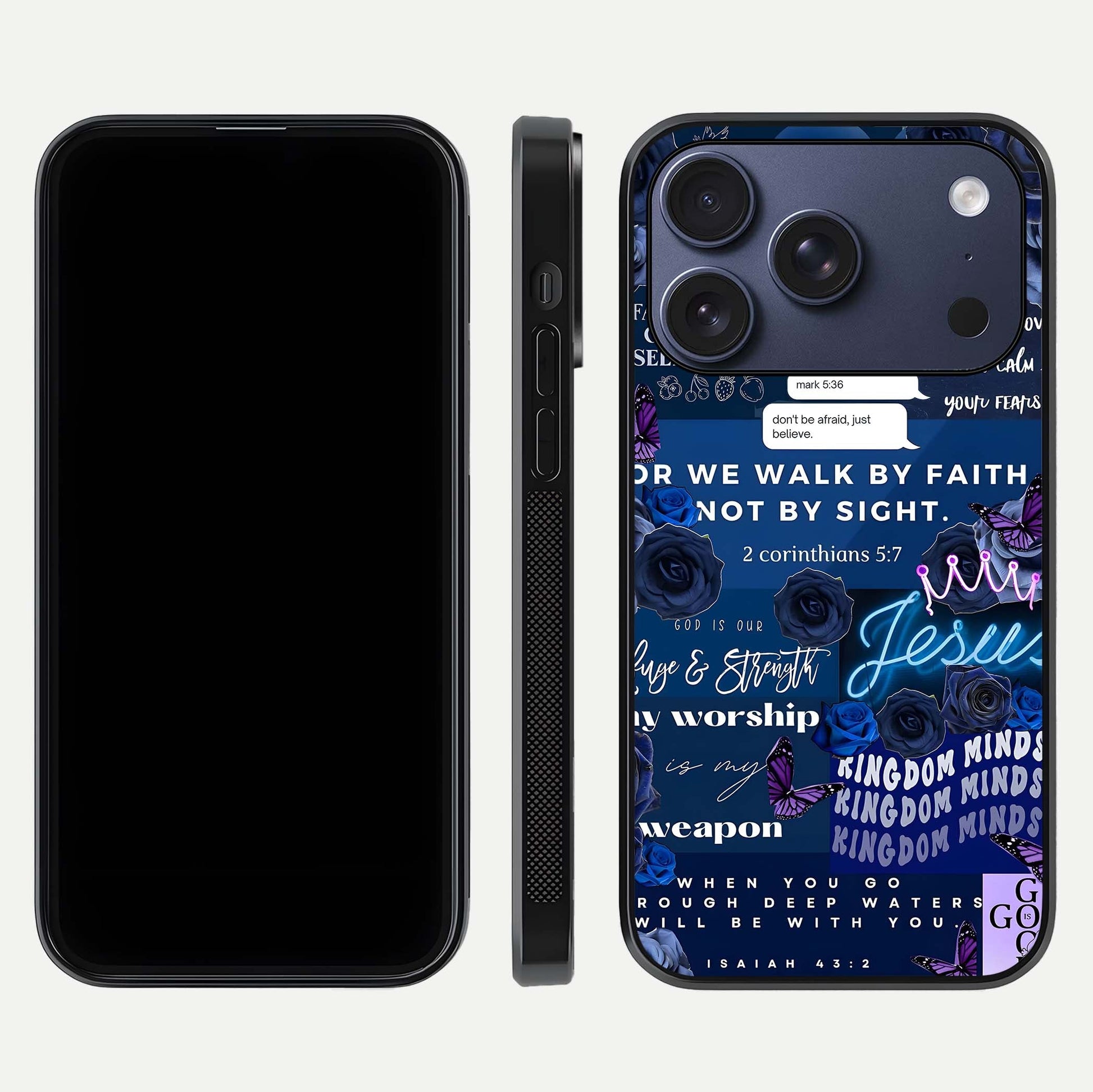 Kingdom Faith Glow Glass Case for iPhone 17 Pro front and back view layout highlighting radiant spiritual design