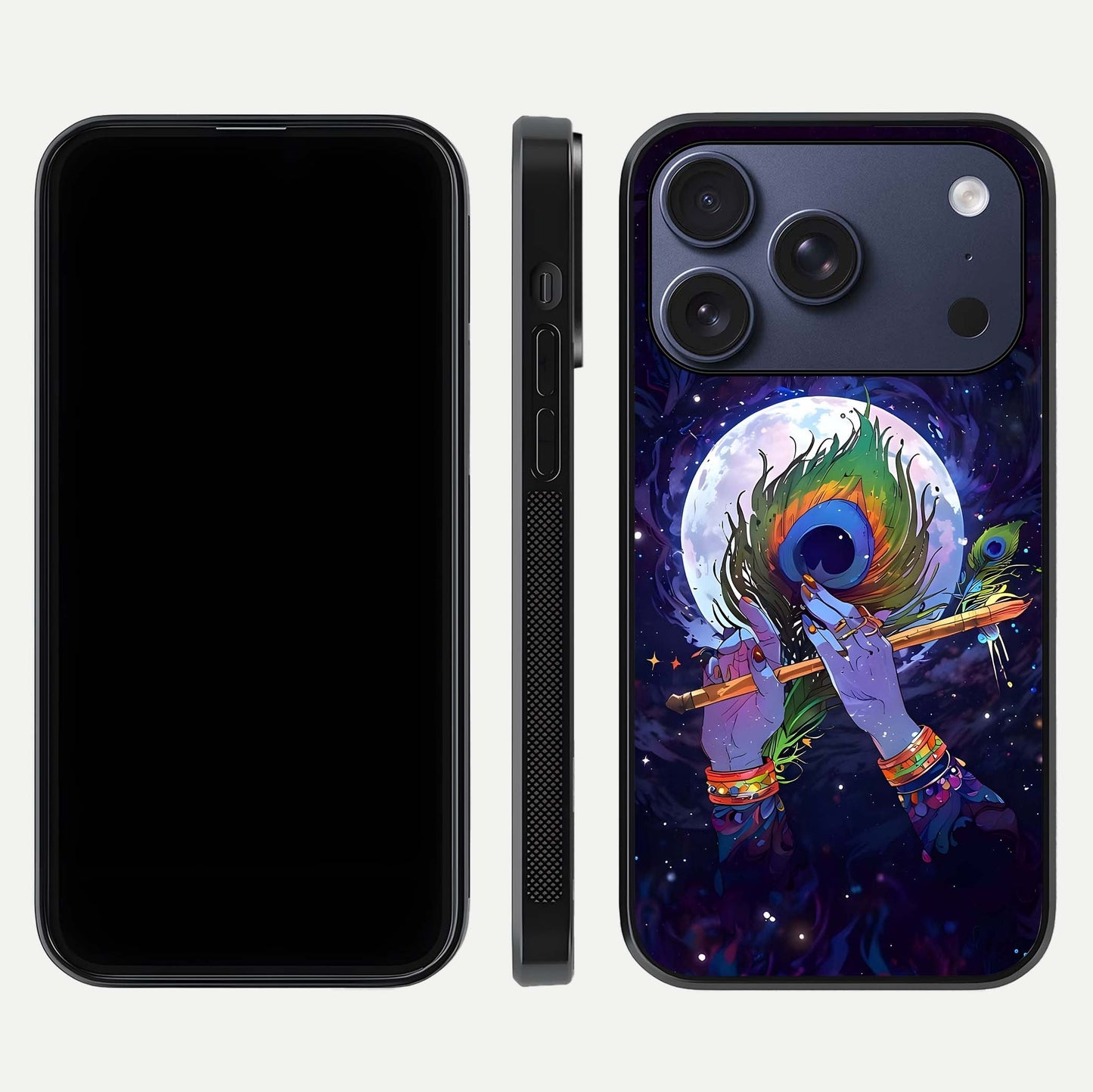 Krishna Hands Art Glass Case for iPhone 17 Pro front and back view layout displaying soft edges and spiritual tones
