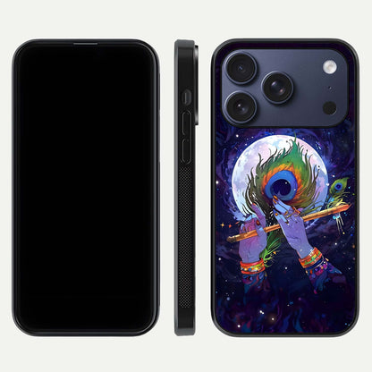 Krishna Hands Art Glass Case for iPhone 17 Pro front and back view layout displaying soft edges and spiritual tones
