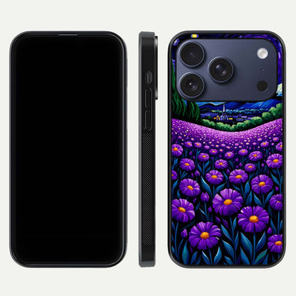 Lavender Moon Field Glass Case for iPhone 17 Pro front and back view layout with soft gradient and curved edges