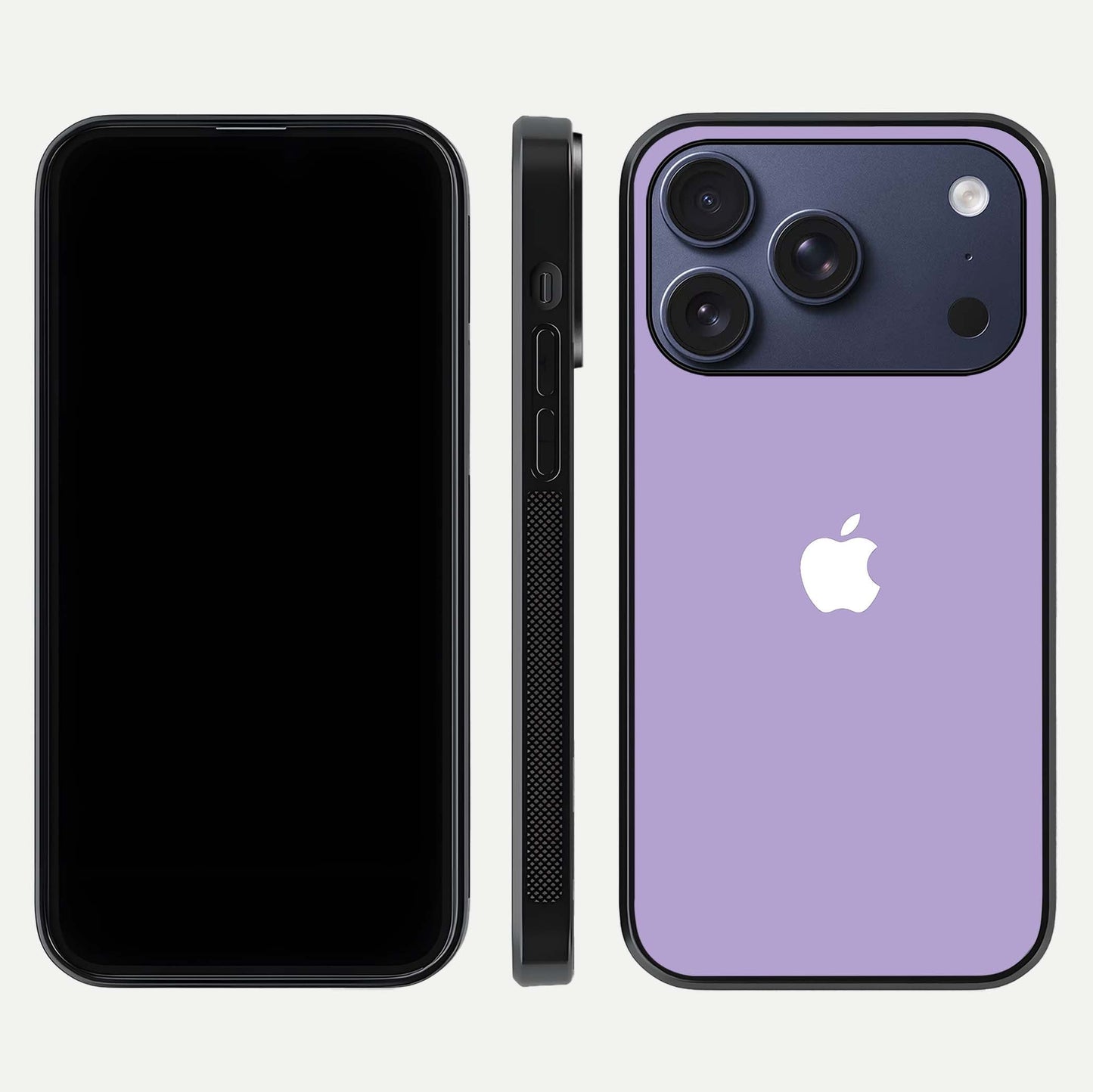 Lavender Soft Minimal Glass Case for iPhone 17 Pro front and back view layout highlighting soft hue and curved edges