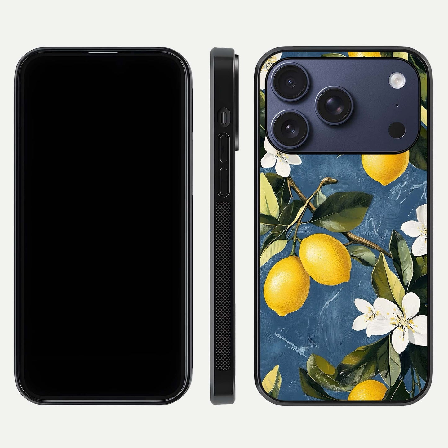 Lemon Dream Garden Glass Case for iPhone 17 Pro front and back view layout highlighting garden tones and edges