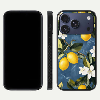 Lemon Dream Garden Glass Case for iPhone 17 Pro front and back view layout highlighting garden tones and edges