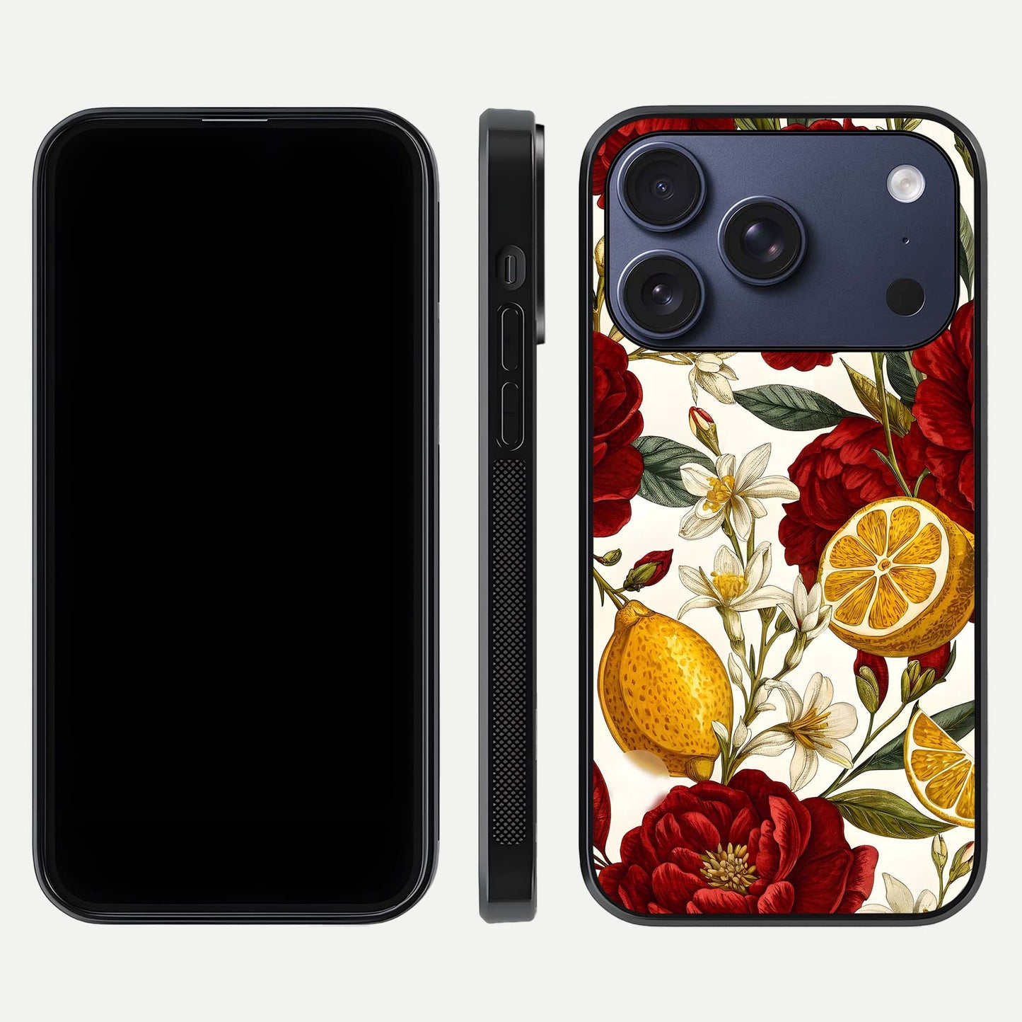 Lemon Rose Charm Glass Case for iPhone 17 Pro front & back layout highlighting soft yellow tones and curved edges
