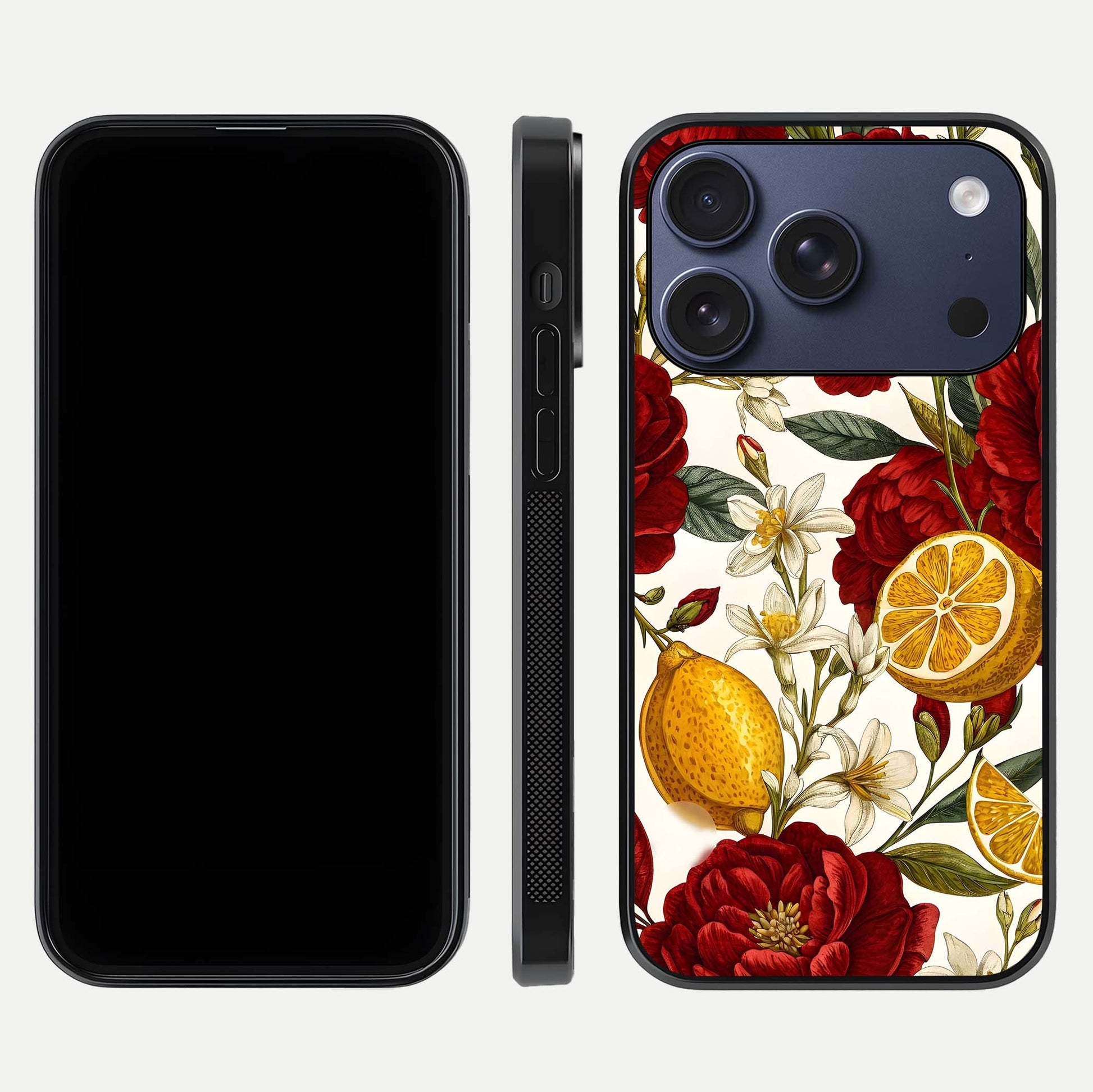 Lemon Rose Charm Glass Case for iPhone 17 Pro front & back layout highlighting soft yellow tones and curved edges