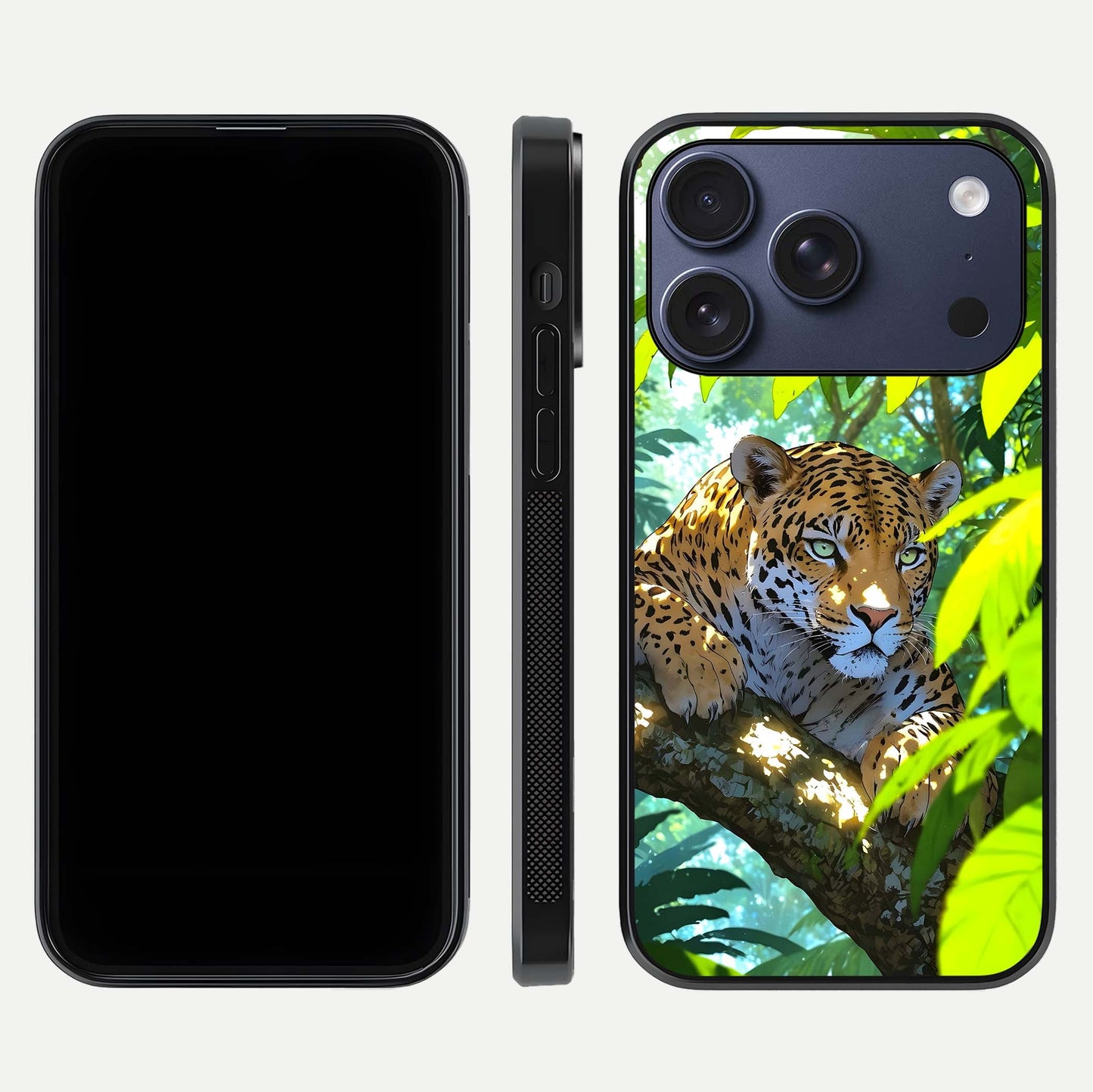 Leopard in Jungle Glass Case for iPhone 17 Pro front & back layout with premium edge detailing and vivid jungle art
