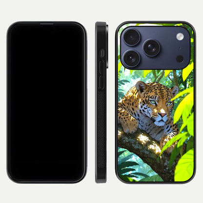 Leopard in Jungle Glass Case for iPhone 17 Pro front & back layout with premium edge detailing and vivid jungle art