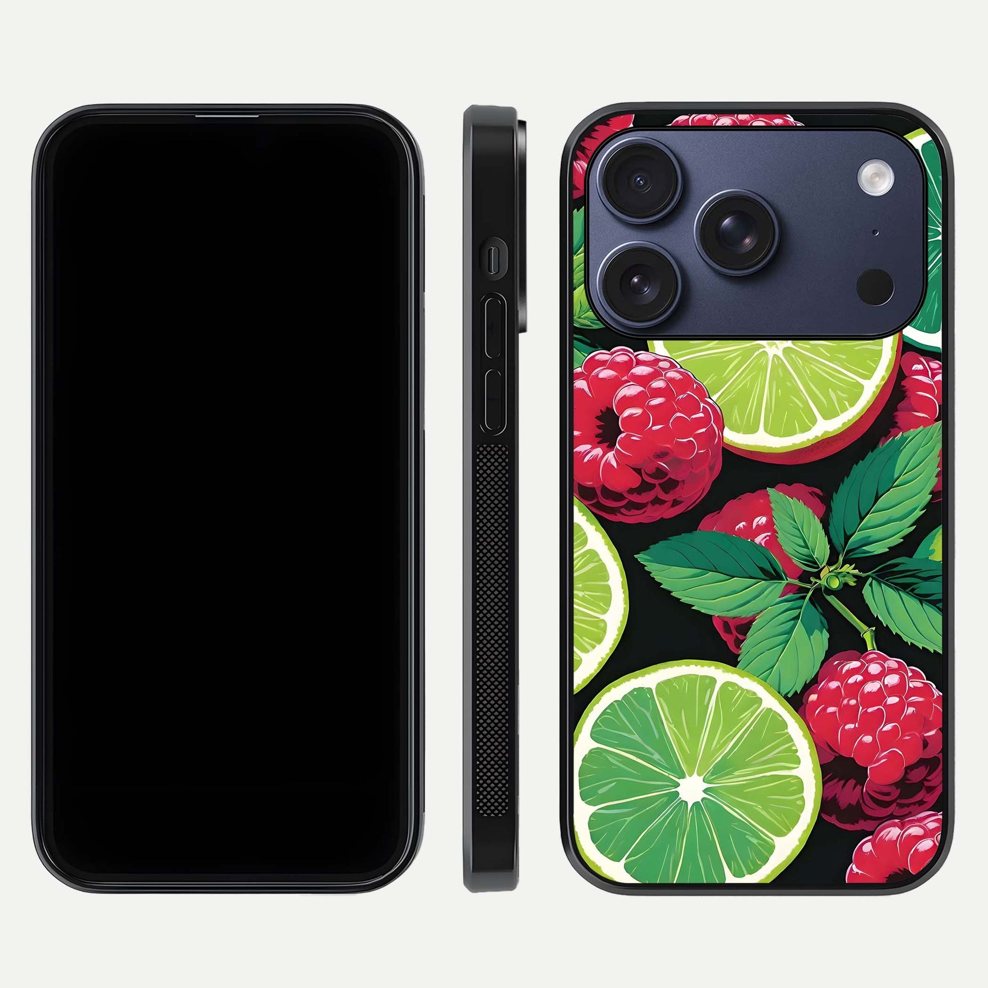 Lime and Raspberry Pattern Glass Case for iPhone 17 Pro front & back layout highlighting fresh summer tones