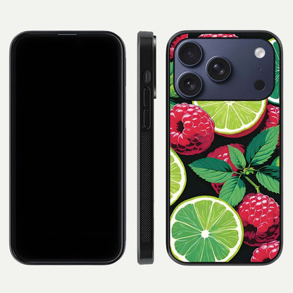 Lime and Raspberry Pattern Glass Case for iPhone 17 Pro front & back layout highlighting fresh summer tones