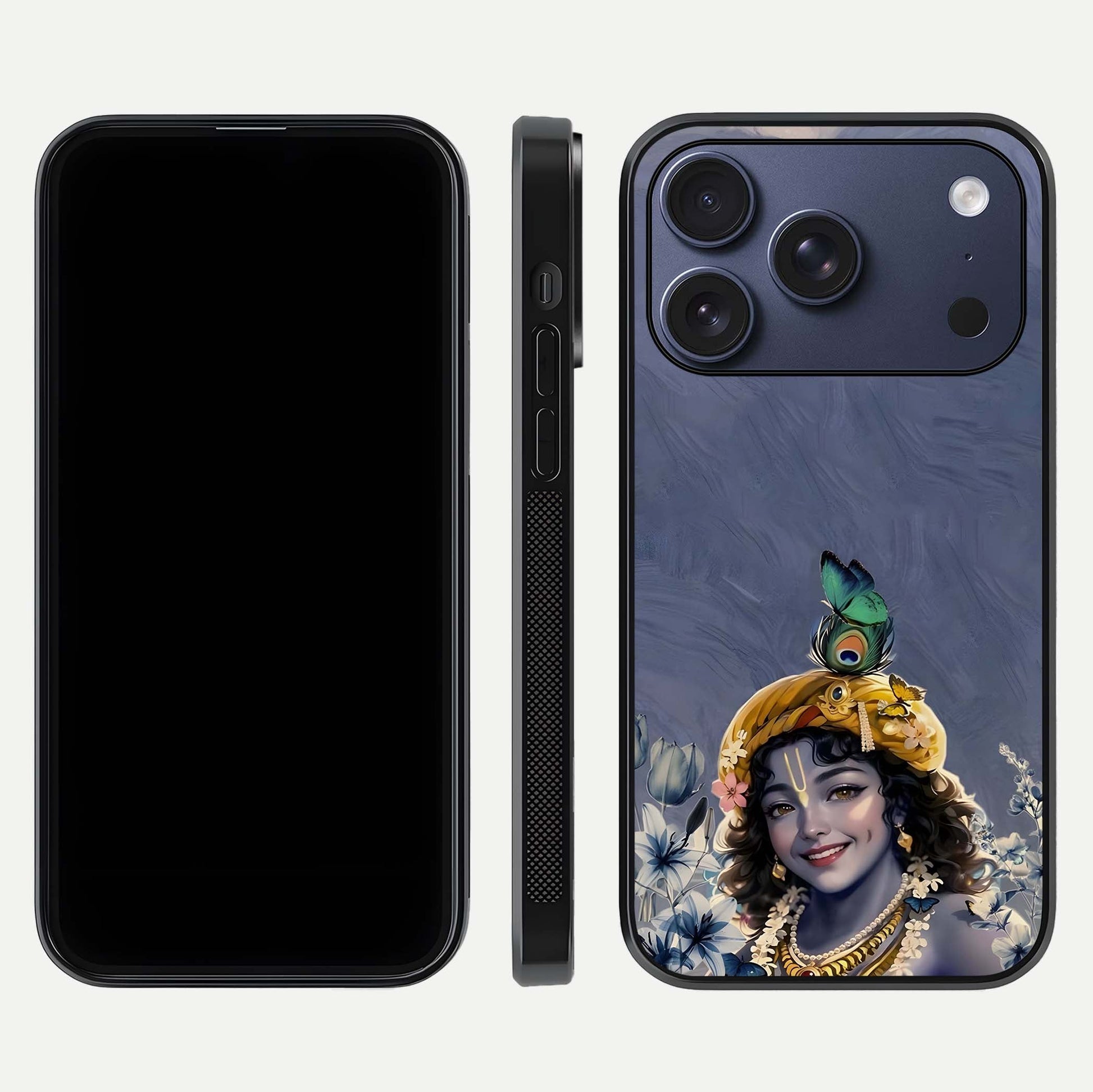 Lord Krishna Glass Case for iPhone 17 Pro front & back layout displaying soft tones and elegant edges