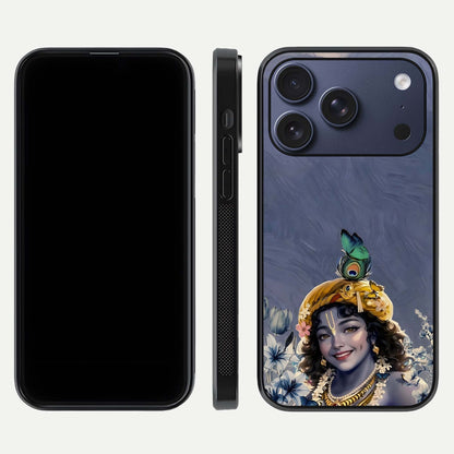 Lord Krishna Glass Case for iPhone 17 Pro front & back layout displaying soft tones and elegant edges