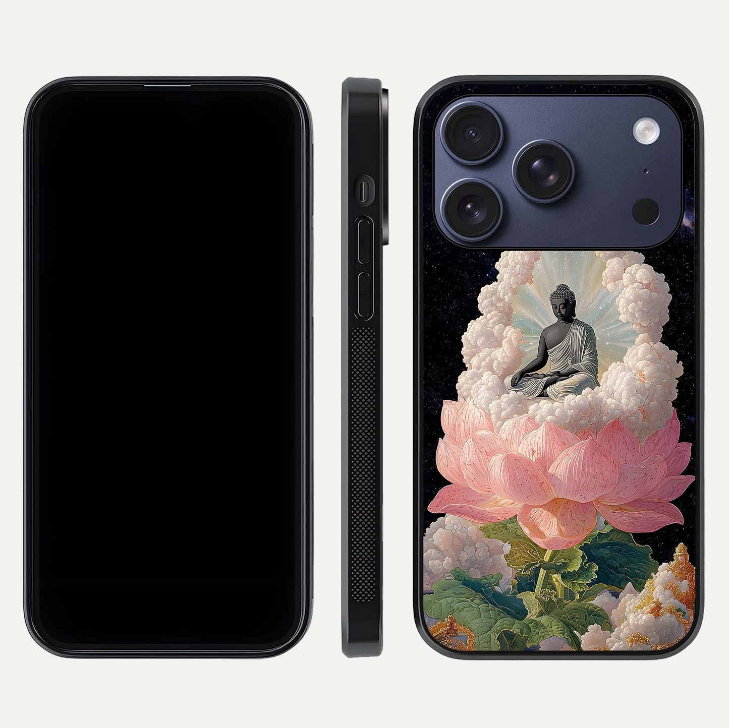 Lotus Divine Peace Glass Case for iPhone 17 Pro front & back layout highlighting soft pink hues and curved edges