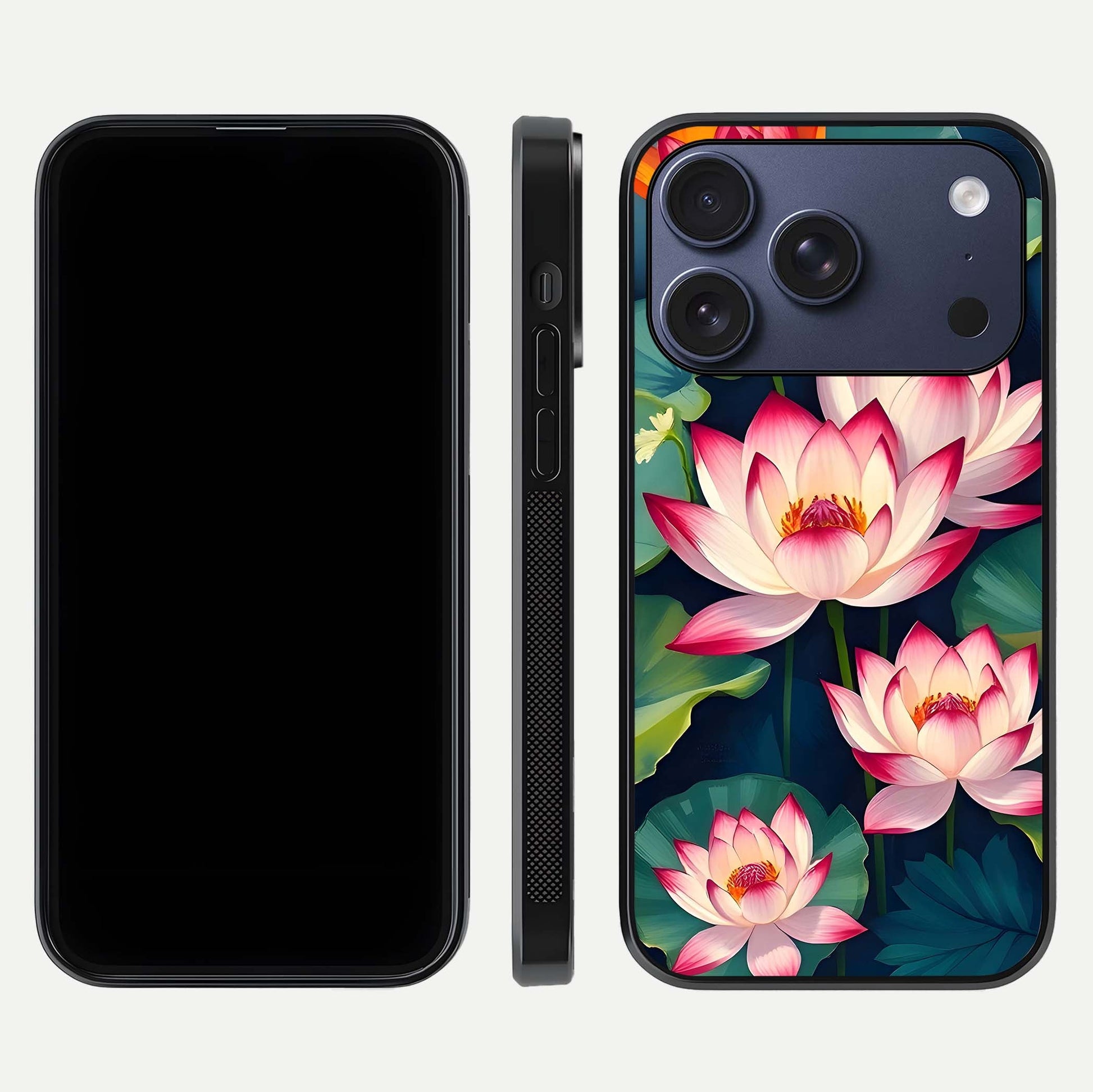 Lotus Dream Serenity Glass Case for iPhone 17 Pro front & back layout with elegant finish and edge curve