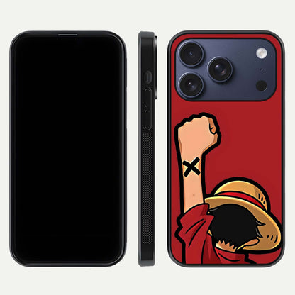 Luffy X Spirit Glass Case for iPhone 17 Pro front & back layout displaying anime theme and curved edges