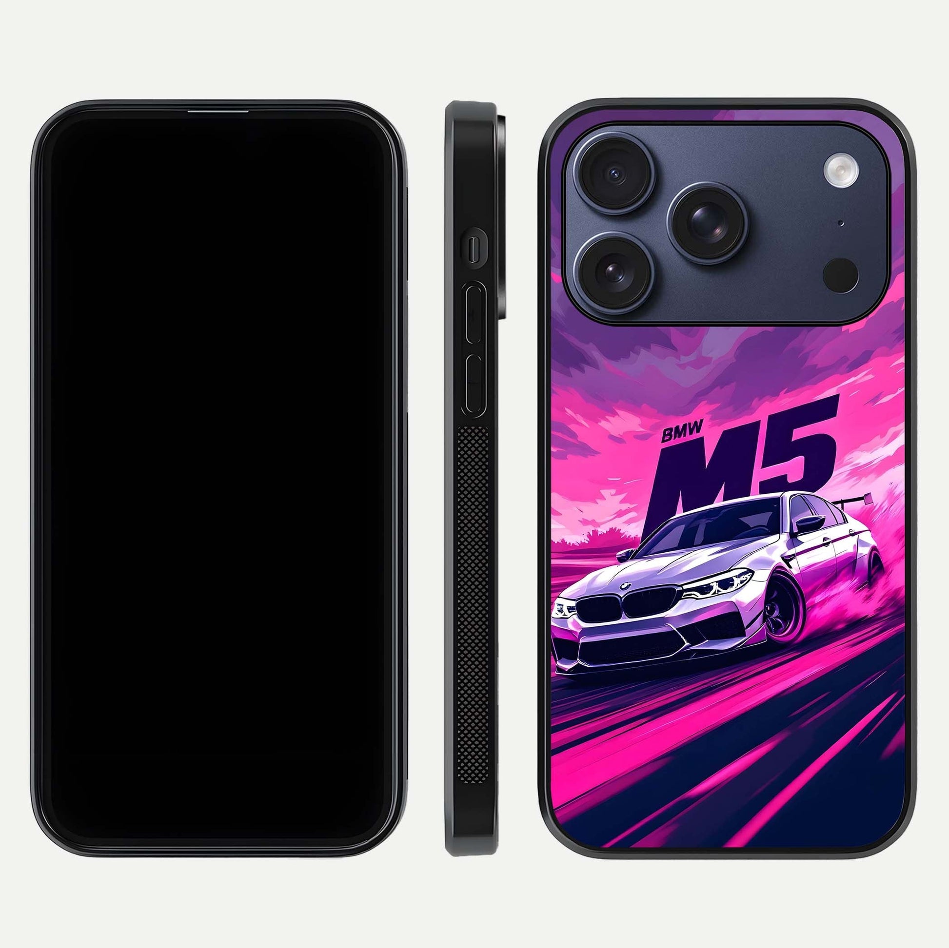 MS Neon Car Glass Case for iPhone 17 Pro front & back layout highlighting automotive art and curved design