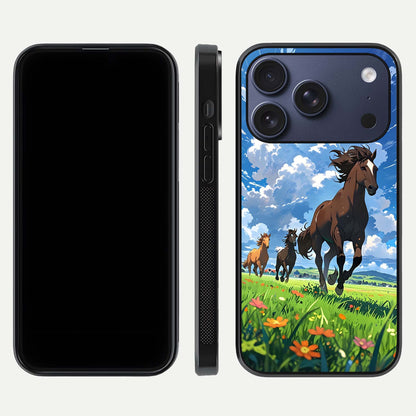 Majestic Horses Galloping Glass Case for iPhone 17 Pro front & back layout highlighting dynamic design and edges