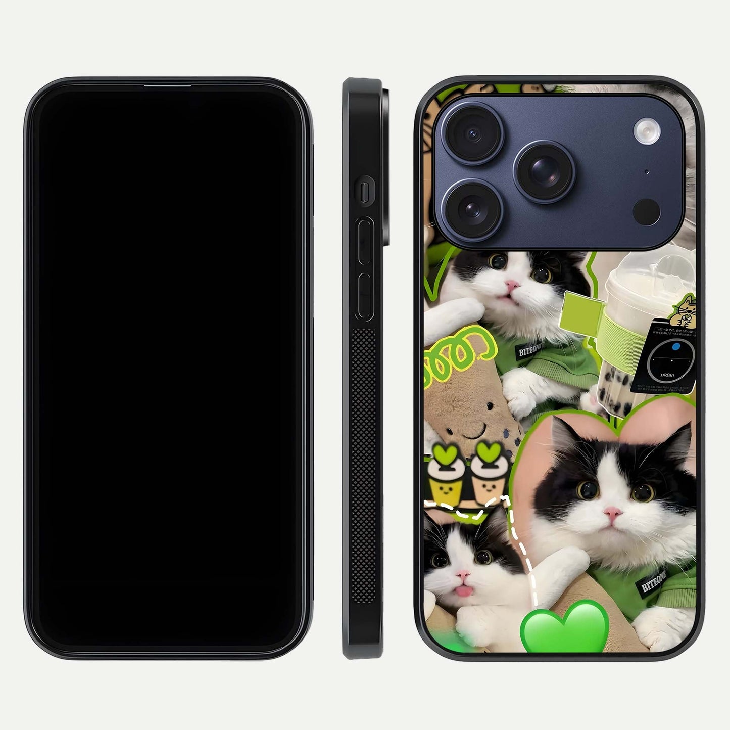 Matcha Cats Mood Glass Case for iPhone 17 Pro front & back layout highlighting cute theme and smooth edges