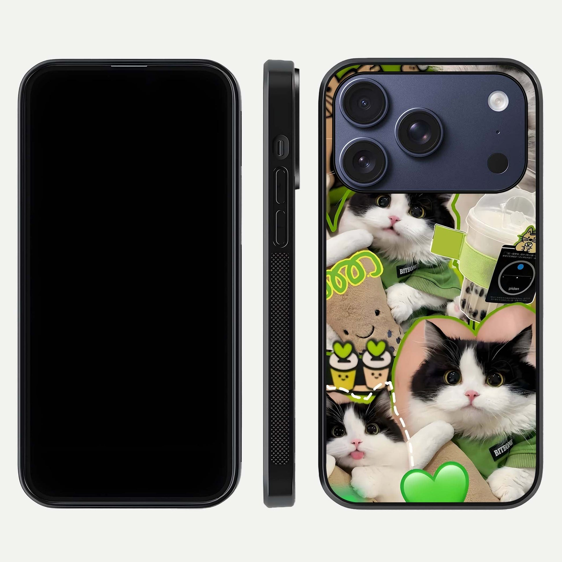 Matcha Cats Mood Glass Case for iPhone 17 Pro front & back layout highlighting cute theme and smooth edges