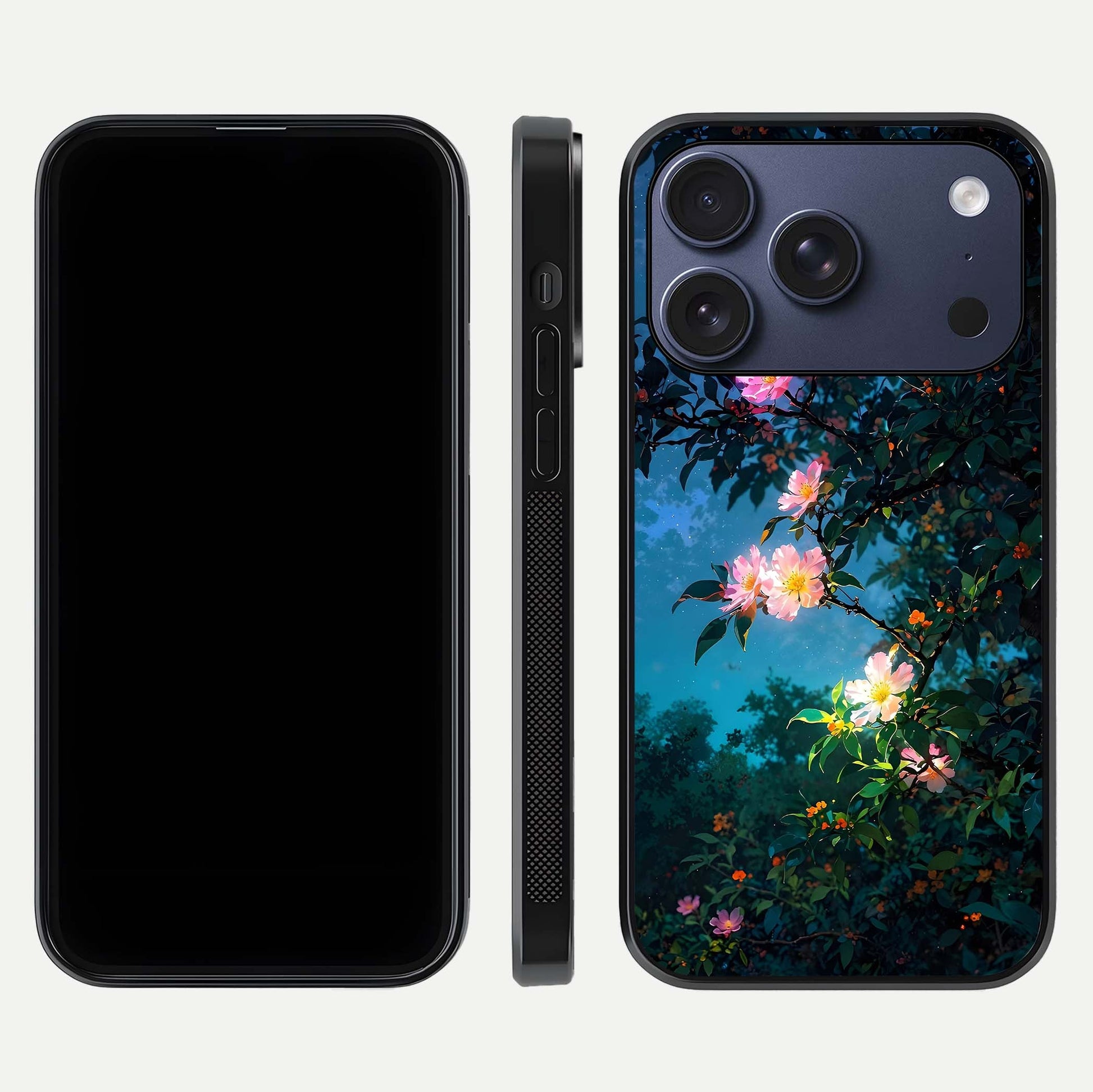 Midnight Bloom Glow Glass Case for iPhone 17 Pro front & back layout highlighting moody tones and smooth finish
