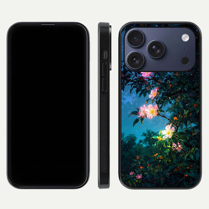 Midnight Bloom Glow Glass Case for iPhone 17 Pro front & back layout highlighting moody tones and smooth finish