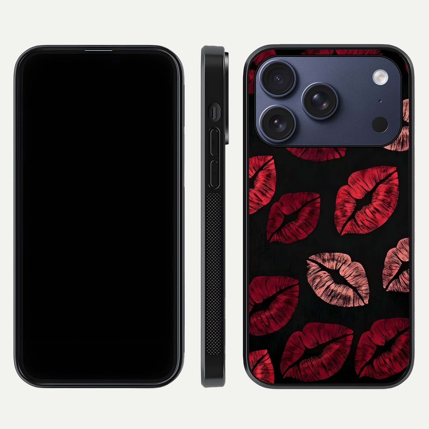Midnight Kiss Love Glass Case for iPhone 17 Pro front & back view layout showing romantic theme and smooth curves