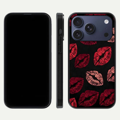 Midnight Kiss Love Glass Case for iPhone 17 Pro front & back view layout showing romantic theme and smooth curves