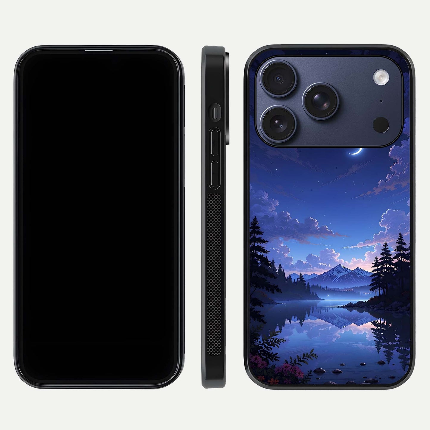 Midnight Lake Peace Glass Case for iPhone 17 Pro front & back layout highlighting calm design and curved edges