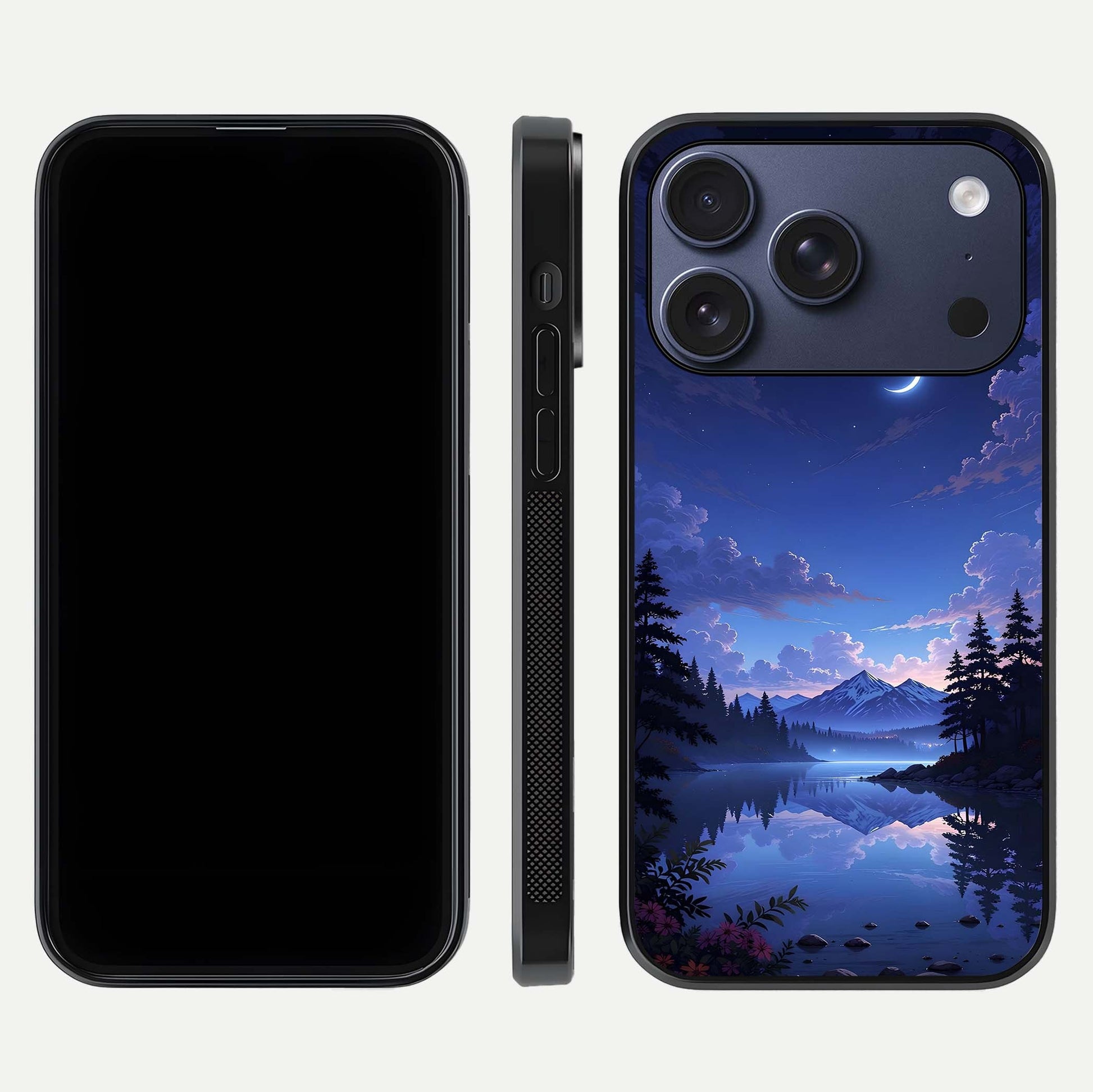 Midnight Lake Peace Glass Case for iPhone 17 Pro front & back layout highlighting calm design and curved edges
