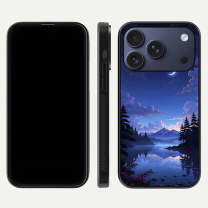 Midnight Lake Peace Glass Case for iPhone 17 Pro front & back layout highlighting calm design and curved edges