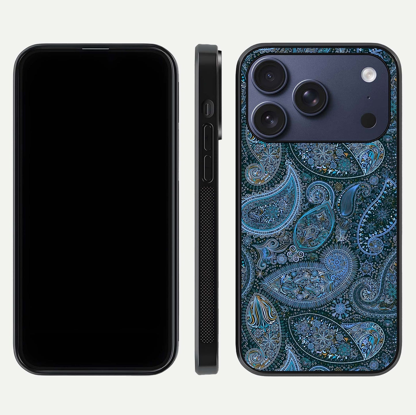 Midnight Paisley Glow Glass Case for iPhone 17 Pro front & back layout highlighting elegant edge finish