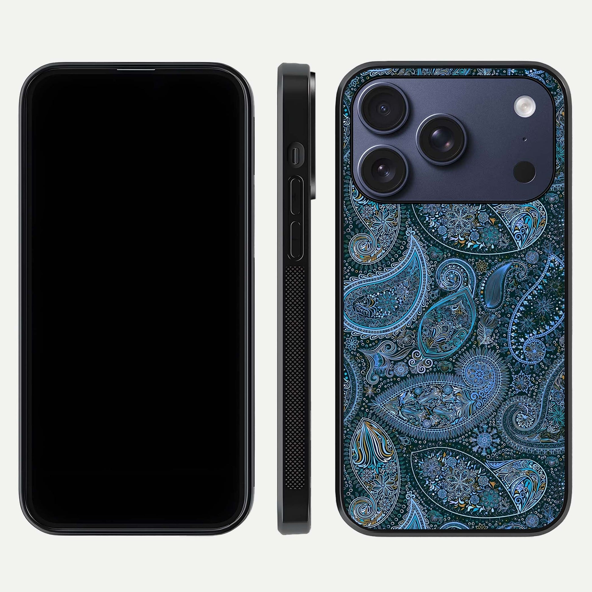 Midnight Paisley Glow Glass Case for iPhone 17 Pro front & back layout highlighting elegant edge finish