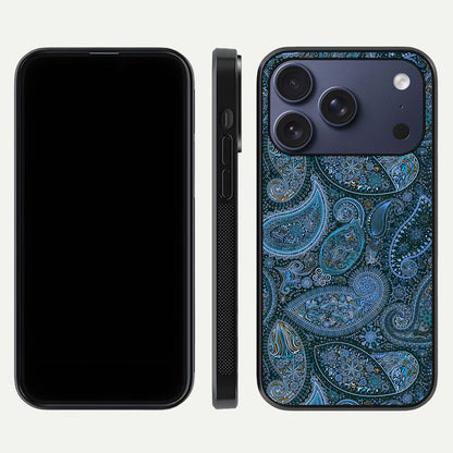 Midnight Paisley Glow Glass Case for iPhone 17 Pro front & back layout highlighting elegant edge finish