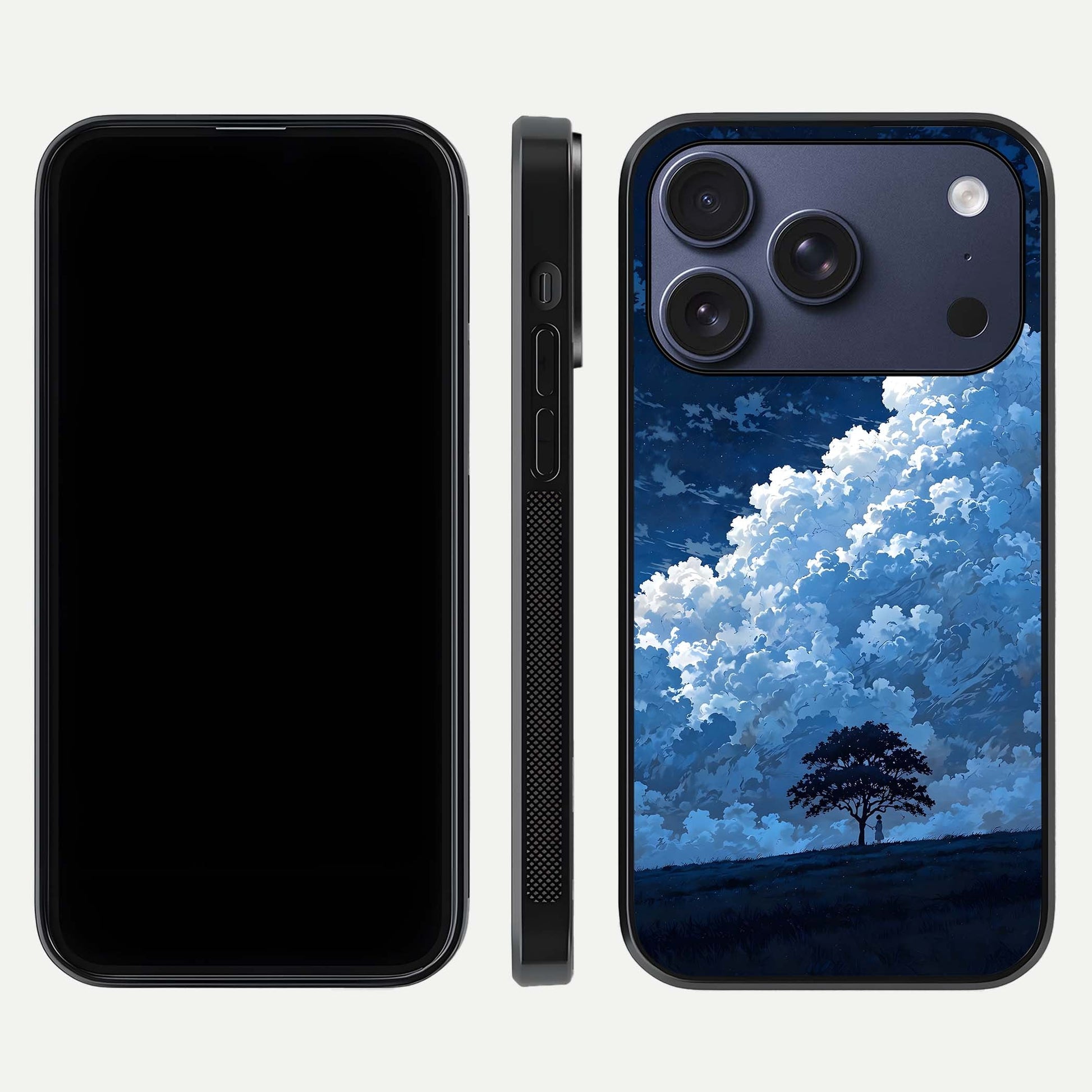 Midnight Sky Serenity Glass Case for iPhone 17 Pro front & back layout highlighting celestial art and curves