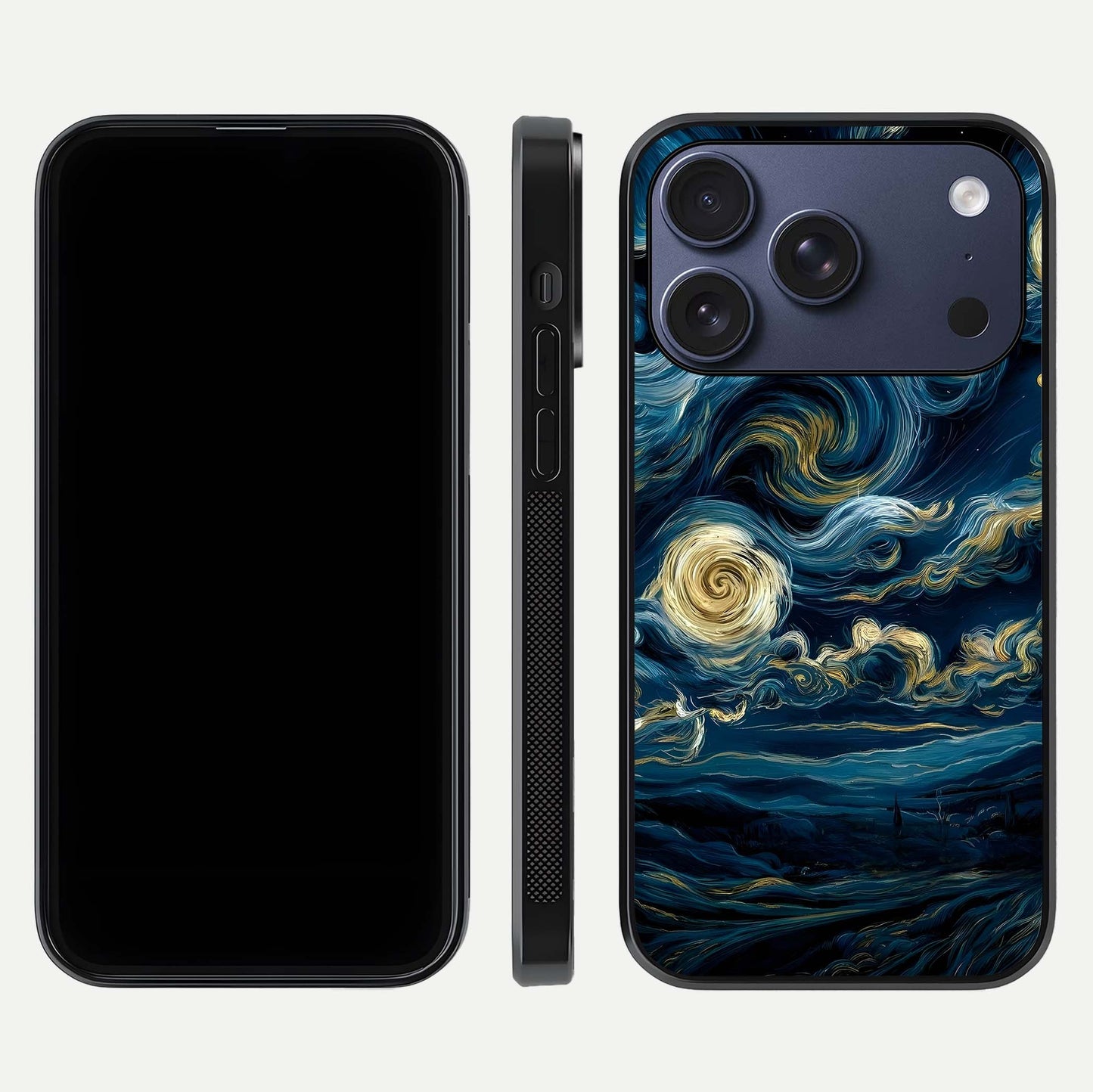 Midnight Sky Whirl Glass Case for iPhone 17 Pro front & back layout highlighting celestial movement art