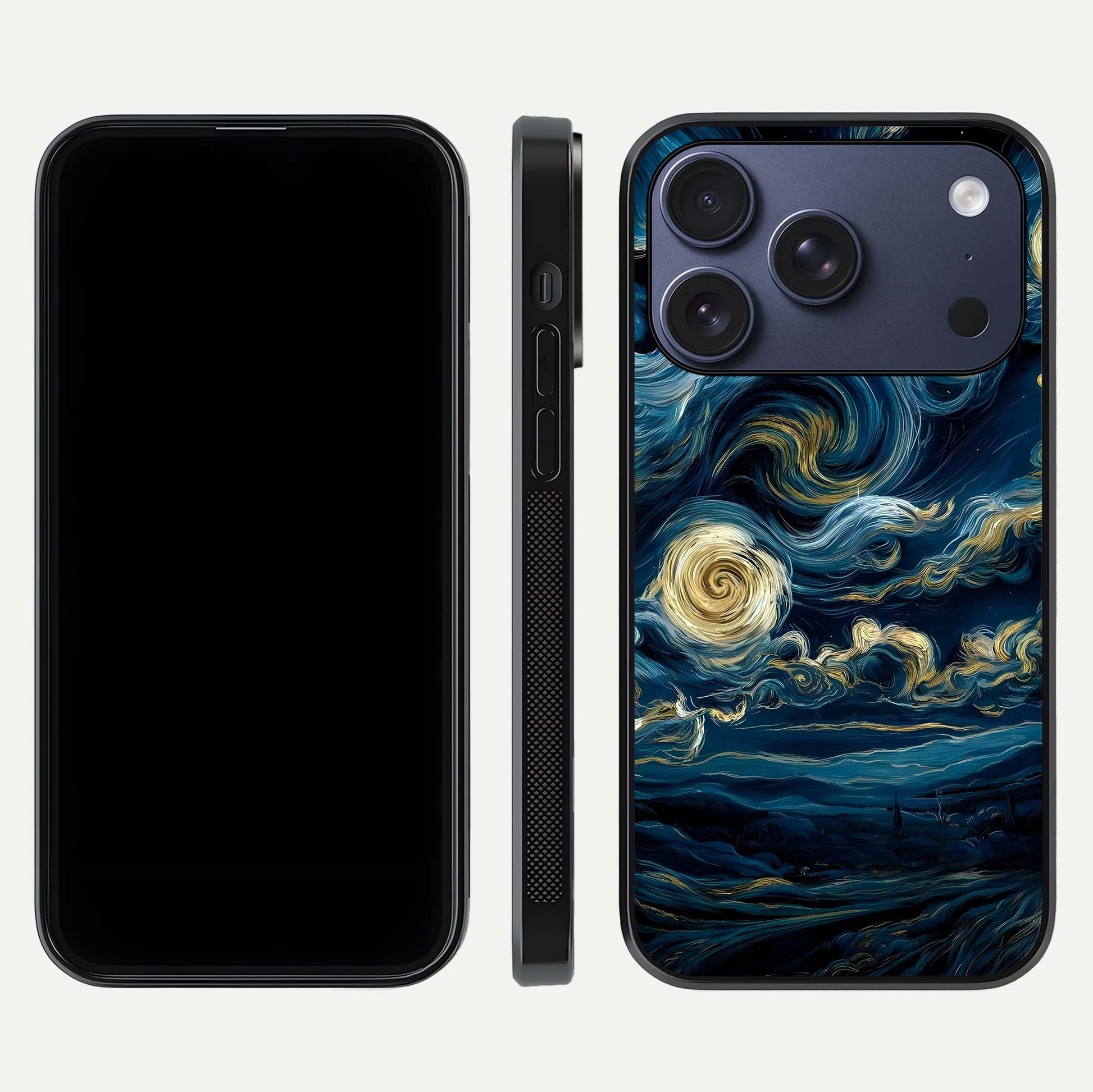 Midnight Sky Whirl Glass Case for iPhone 17 Pro front & back layout highlighting celestial movement art