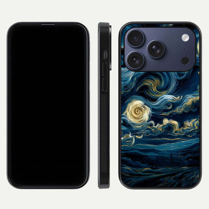 Midnight Sky Whirl Glass Case for iPhone 17 Pro front & back layout highlighting celestial movement art