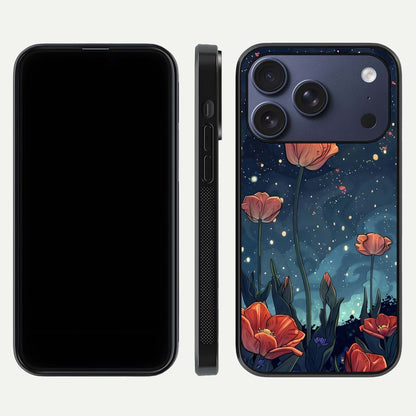 Midnight Tulip Glow Glass Case for iPhone 17 Pro front & back layout highlighting floral glow and curved edges