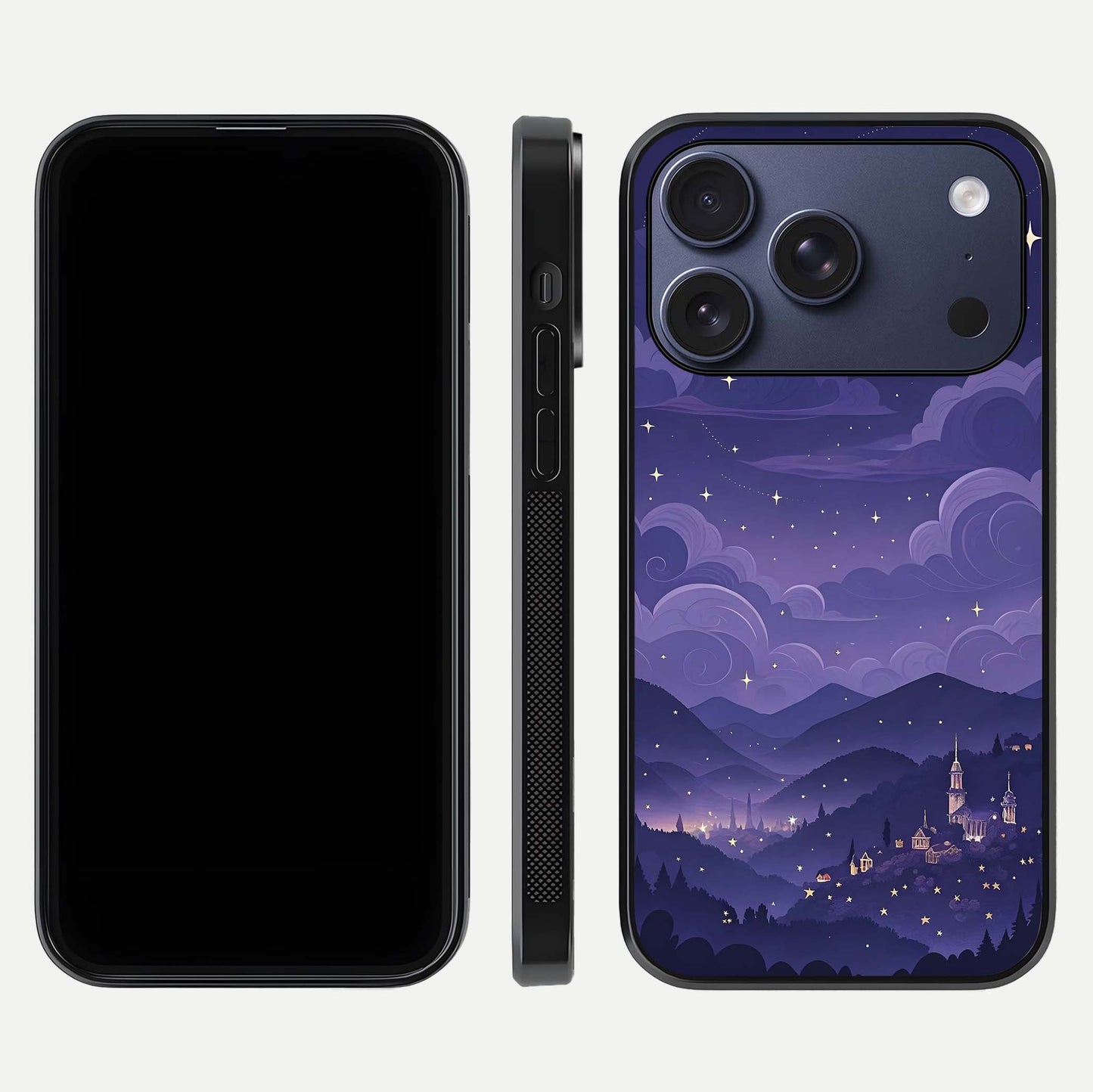 Minimal Night View Glass Case for iPhone 17 Pro front & back layout highlighting minimal night vibe and curves