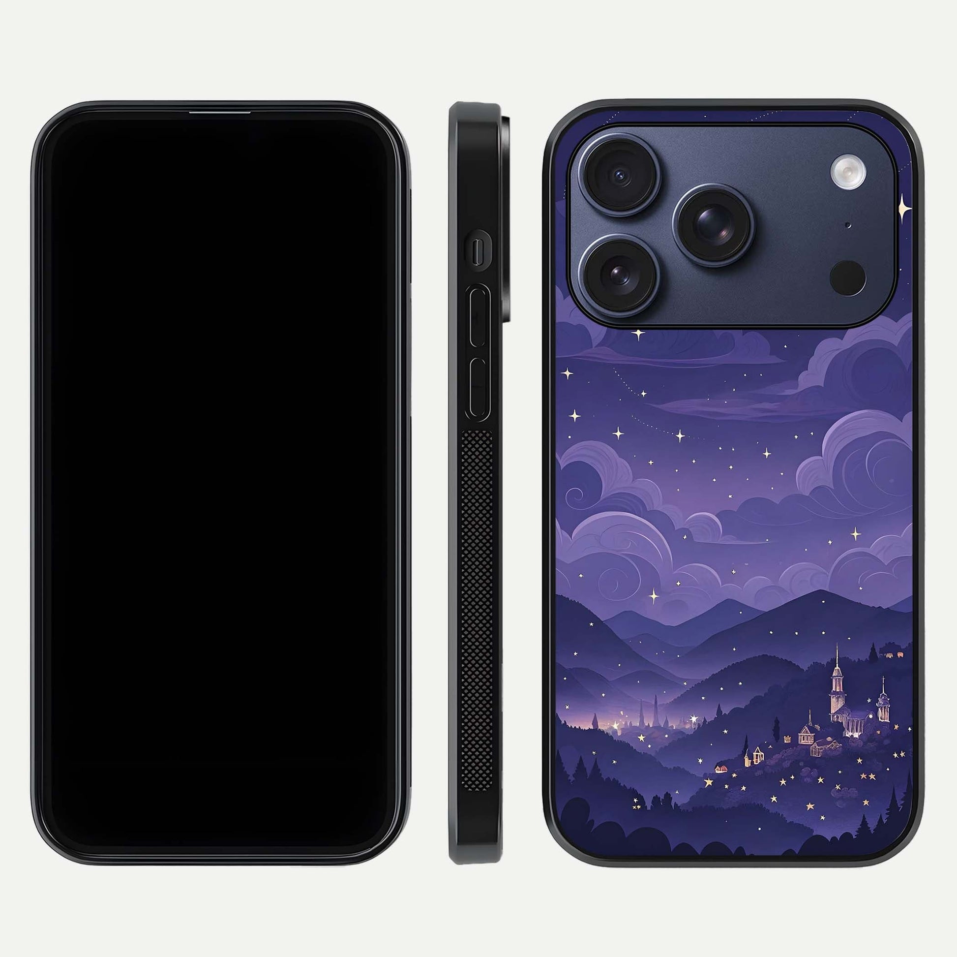 Minimal Night View Glass Case for iPhone 17 Pro front & back layout highlighting minimal night vibe and curves